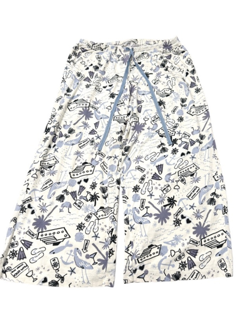 HUE Cropped Pajama Bottoms Beach Print Lounge Pants Off White Blue Black Size S